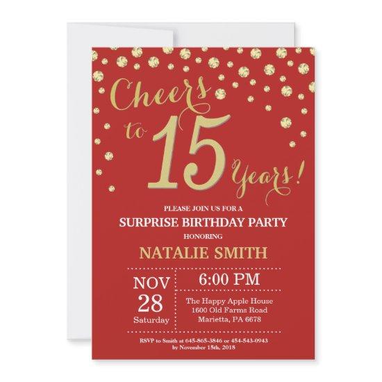 Surprise 15th Birthday Red and Gold Diamond