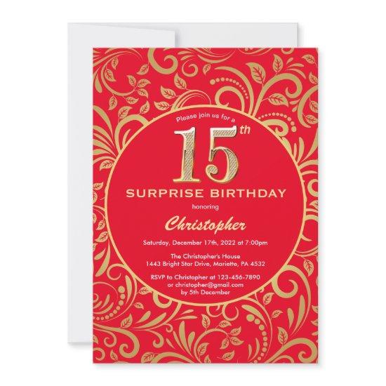 Surprise 15th Birthday Red and Gold Floral