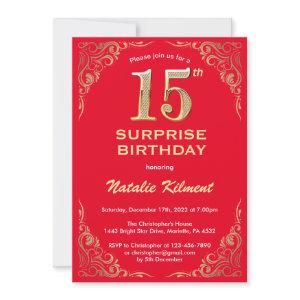 Surprise 15th Birthday Red and Gold Glitter