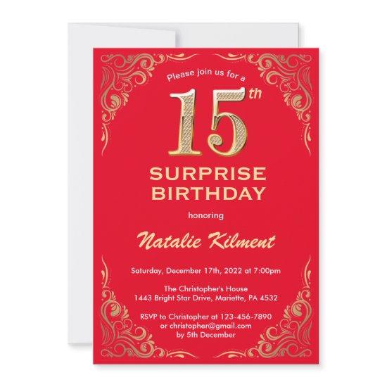 Surprise 15th Birthday Red and Gold Glitter