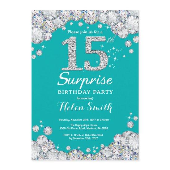 Surprise 15th Birthday Teal and Silver Diamond
