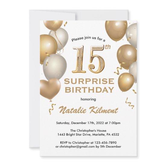 Surprise 15th Birthday White and Gold Balloons