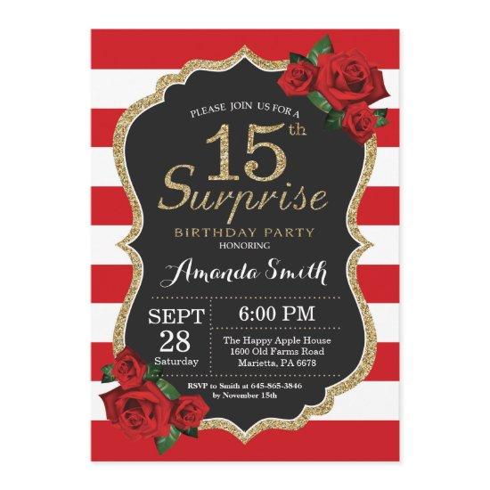 Surprise Red Rose 15th Birthday  Gold