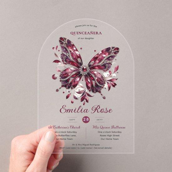 Sweet15 Butterflies QUINCEANERA Burgundy Diamond Acrylic