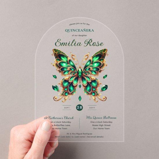 Sweet15 Butterflies QUINCEANERA Emerald Green Gold Acrylic