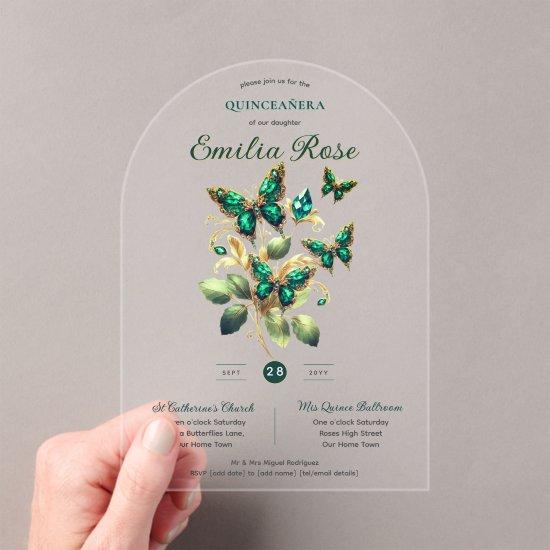 Sweet15 Butterflies QUINCEANERA Emerald Green Gold Acrylic
