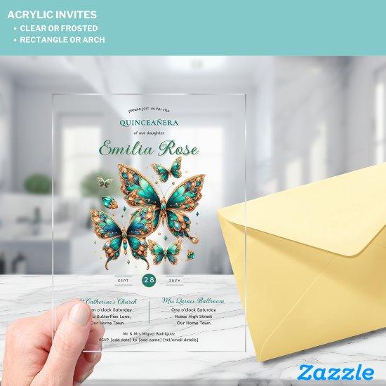 Sweet15 Butterflies QUINCEANERA Emerald Green Gold Acrylic