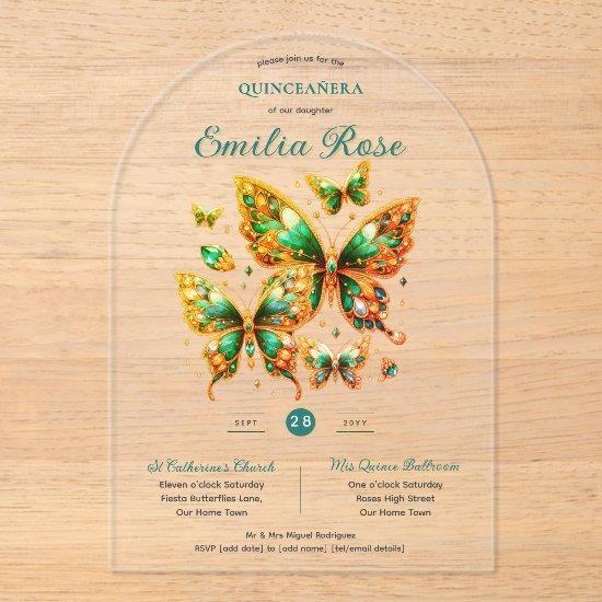 Sweet15 Butterflies QUINCEANERA Emerald Green Gold Acrylic