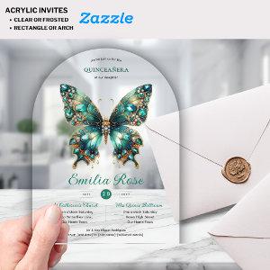 Sweet15 Butterflies QUINCEANERA Teal Gold Diamond Acrylic