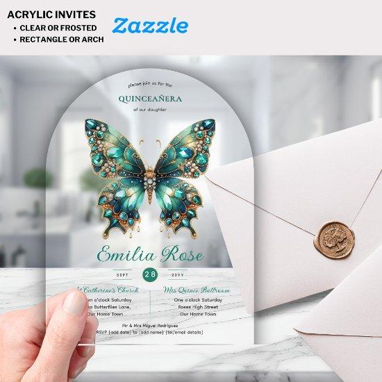 Sweet15 Butterflies QUINCEANERA Teal Gold Diamond Acrylic