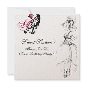 SWEET 16 BIRTHDAY PARTY MONOGRAM Red Black Swirls