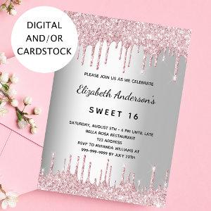 Sweet 16 birthday silver pink glitter drips