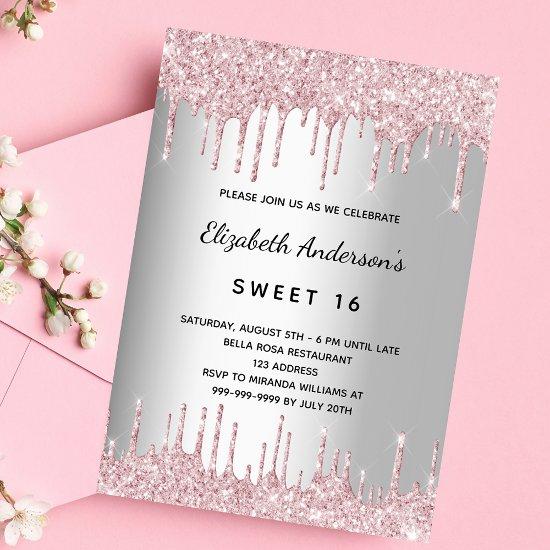 Sweet 16 birthday silver pink glitter drips luxury