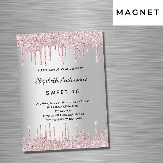 Sweet 16 birthday silver pink glitter drips luxury magnetic