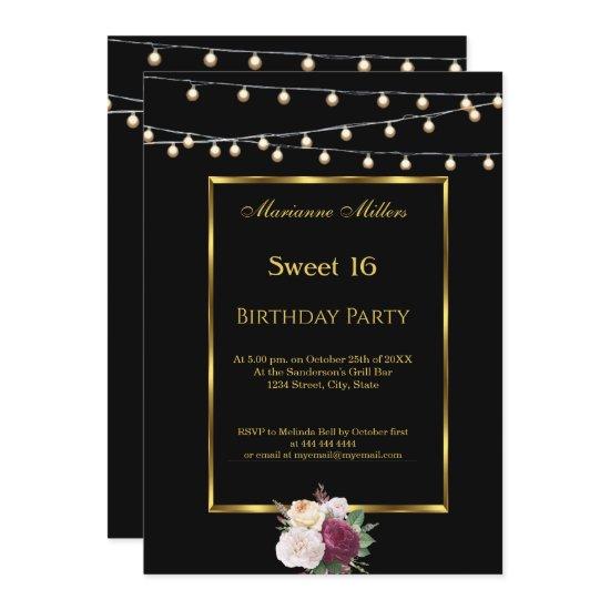 Sweet 16 Black Gold Fairy Lights Roses