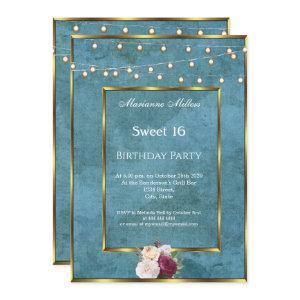 Sweet 16 Blue Teal Gold Fairy Lights Roses
