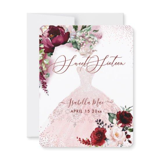 Sweet 16 Blush Burgundy Watercolor Flowers