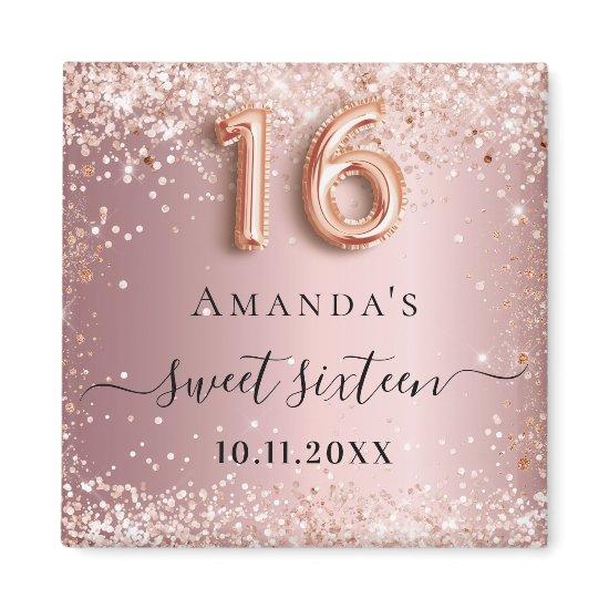Sweet 16 blush pink rose gold glitter dust name magnet
