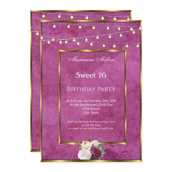 Sweet 16 Burgundy Gold Fairy Lights Roses