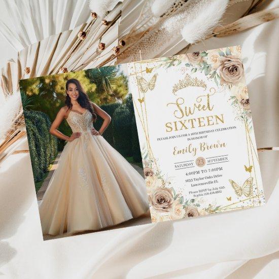 Sweet 16 Champagne Brown Floral Butterflies Photo