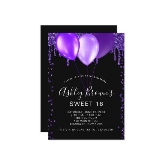 Sweet 16 Glamour Black Purple Glitter Balloons