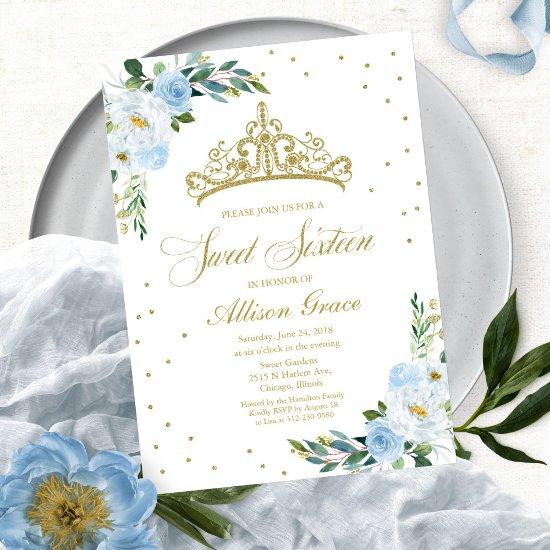 Sweet 16  Gold Tiara Dusty Blue Floral