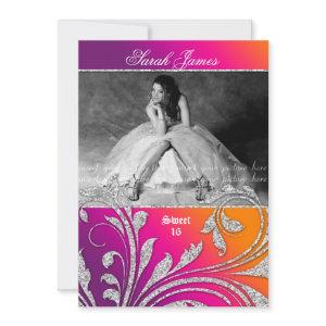 Sweet 16 Party Invite Glitter Leaf Purple Orange