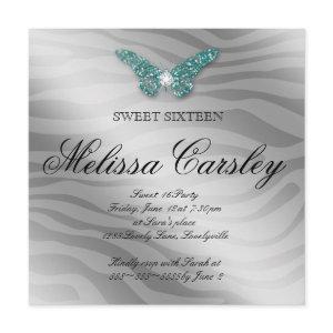 Sweet 16 Party Invite Jewelry Butterfly Zebra Teal