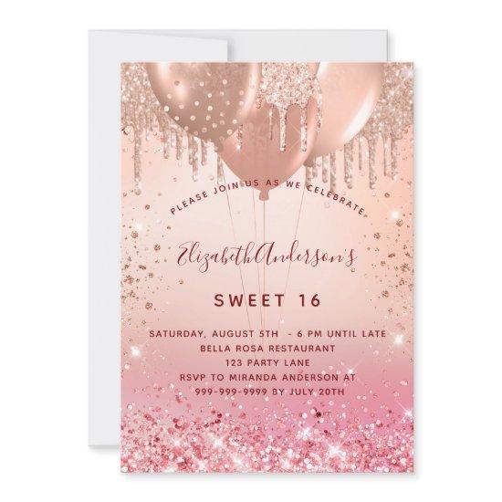 Sweet 16 rose gold pink glitter balloons glam 16th