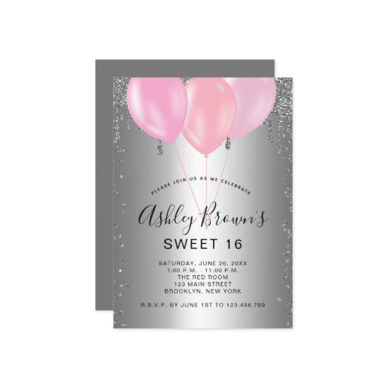 Sweet 16 Silver Pink Glitter Balloons
