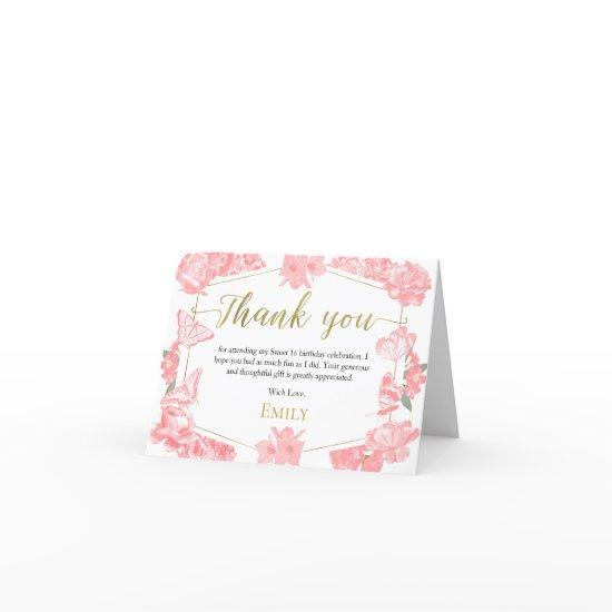 Sweet 16 Thank You Card Butterfly Pink Floral Gold