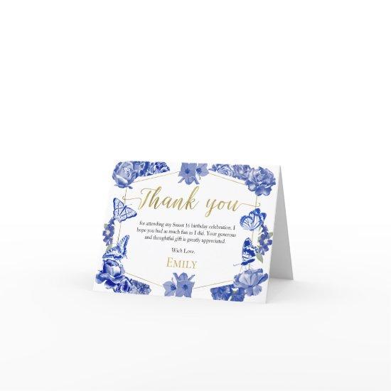 Sweet 16 Thank You Card Butterfly Royal Blue