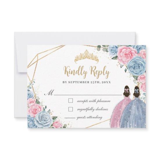 Sweet Pastel Blue Pink Quinceañera Twins Reply RSVP Card