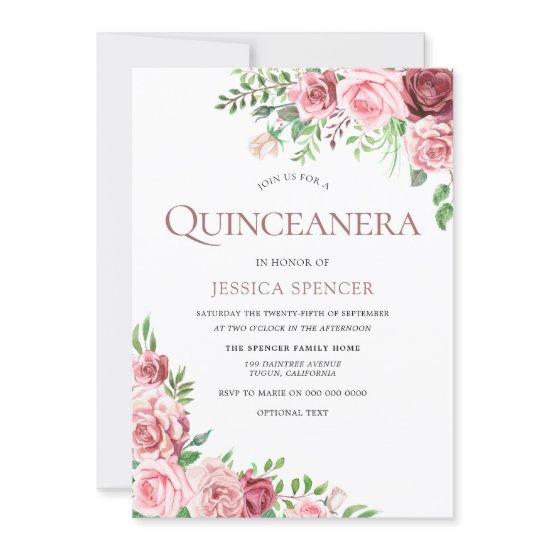 Sweet Pink & Burgundy Roses Quinceanera Invite