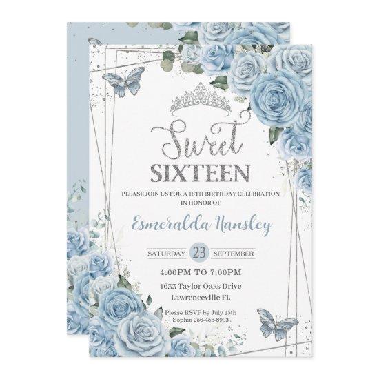 Sweet Sixteen 16 Baby Blue Floral Butterflies 16th