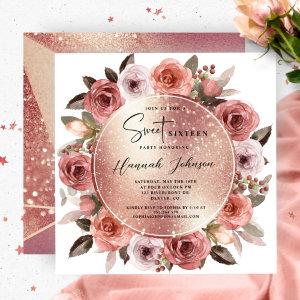 Sweet Sixteen Blush Floral Rose Gold Glitter