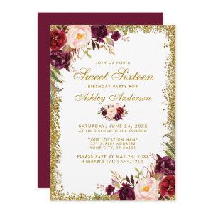Sweet Sixteen Burgundy Floral Gold Glitter