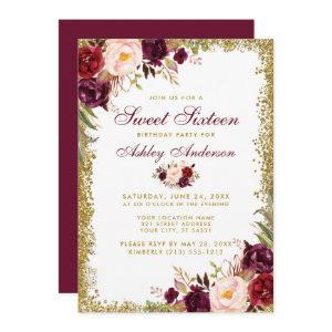 Sweet Sixteen Gold Glitter Burgundy Floral