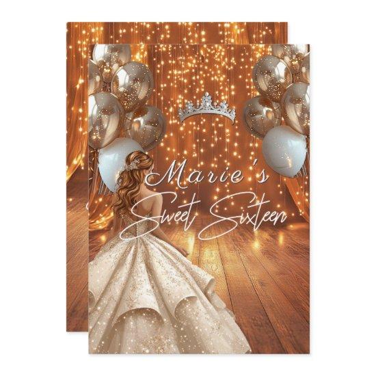 Sweet Sixteen Gown Gold Sparkle Balloons Crown
