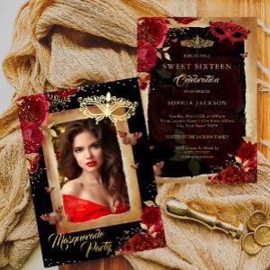 Sweet Sixteen Photo Masquerade Party Red Rose Gold Foil