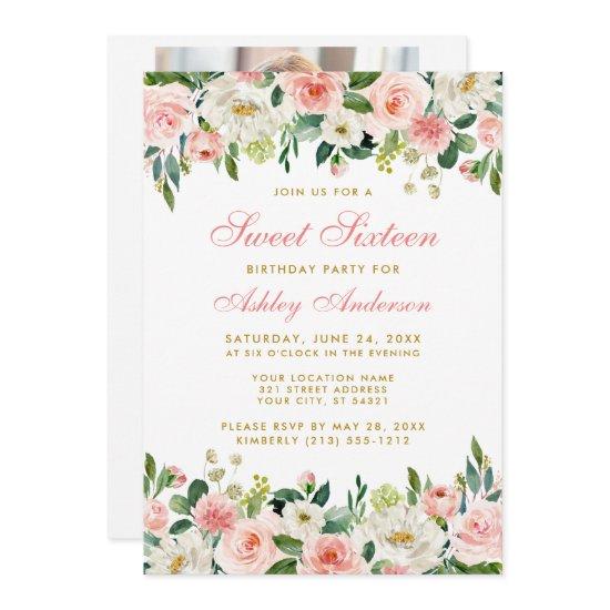 Sweet Sixteen Pink Blush Floral Gold Photo