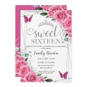 Sweet Sixteen Pink Fuchsia Floral Silver Butterfly