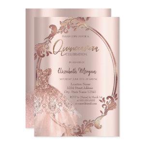Swirls Frame Rose Gold Glitter Dress Quinceañera