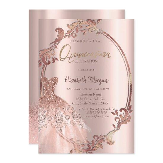 Swirls Frame Rose Gold Glitter Dress Quinceañera
