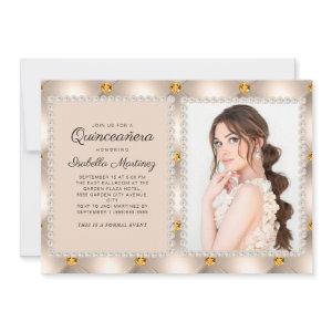 Tan Gold Satin Pearls Jewels Photo Quinceañera
