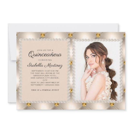 Tan Gold Satin Pearls Jewels Photo Quinceañera