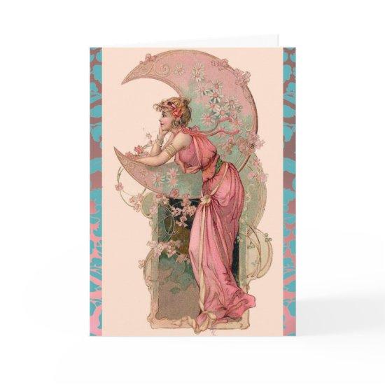 TAROTS /MOON LADY,FLOWERS,PINK ROSES,BLUE DAMASK CARD
