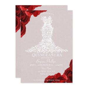Taupe Red Roses White Leaves Dress Quinceañera