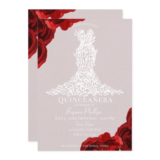 Taupe Red Roses White Leaves Dress Quinceañera