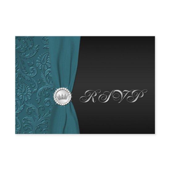 Teal and Black Damask Quinceanera RSVP Card